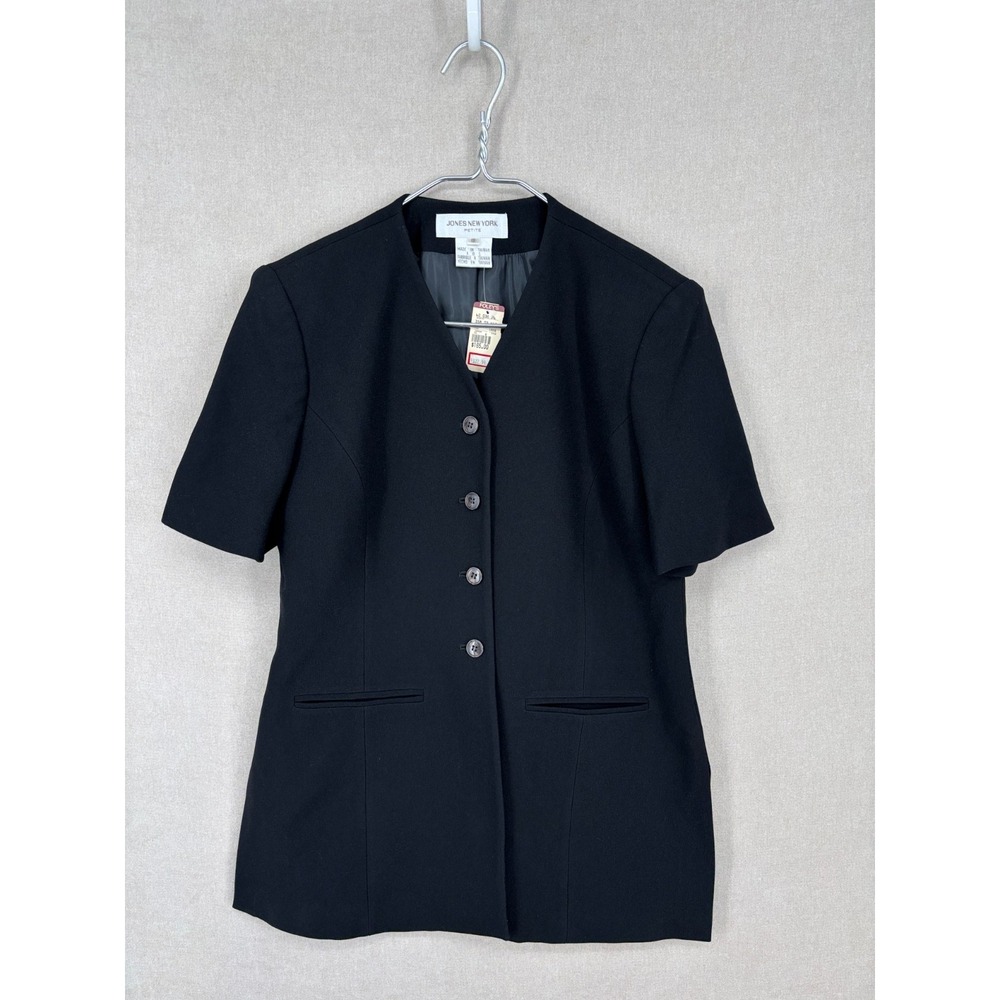 Vintage Jones New York Blazer Petite 12P Black Short Sleeve Lined 4 Button